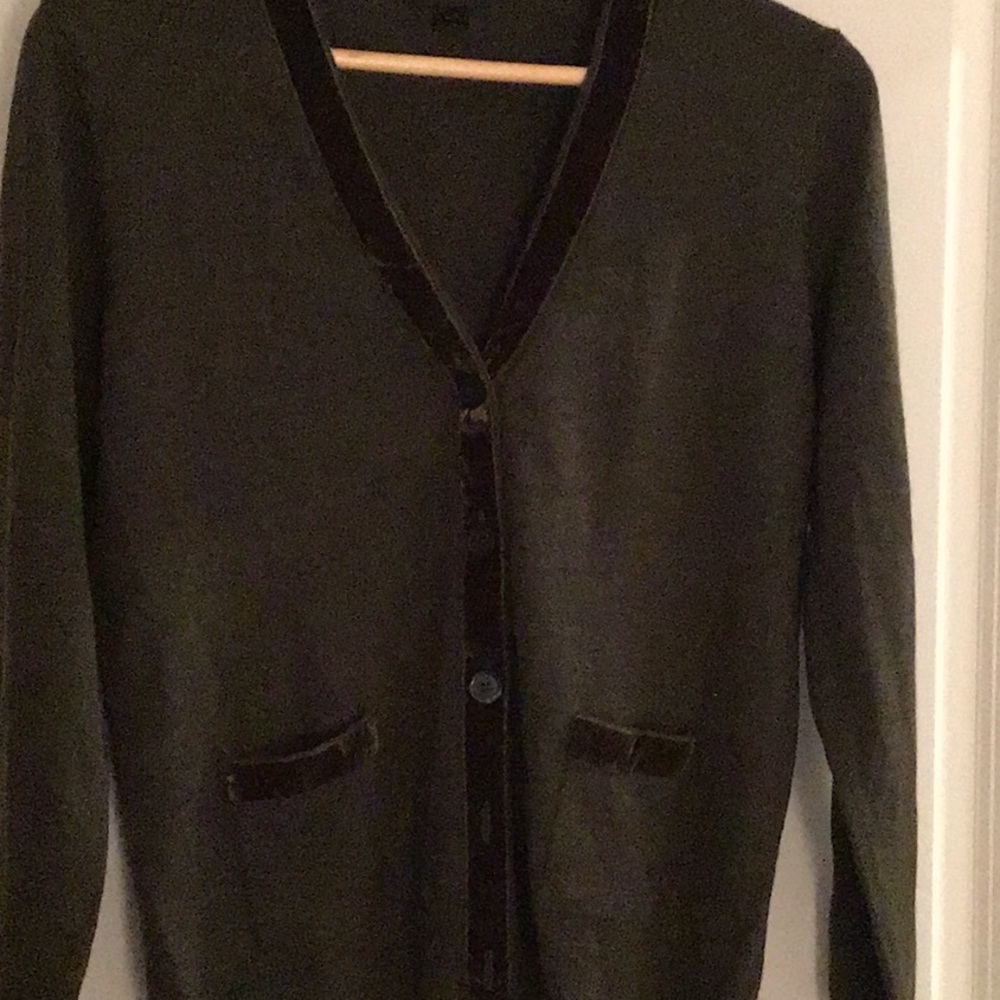 JCrew olive velvet trim cardigan